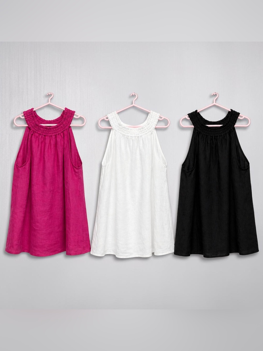Boden Smocked Halter Neck Tank Womens Sz 4 Lot Of 3 100% Linen Tops Black Pink